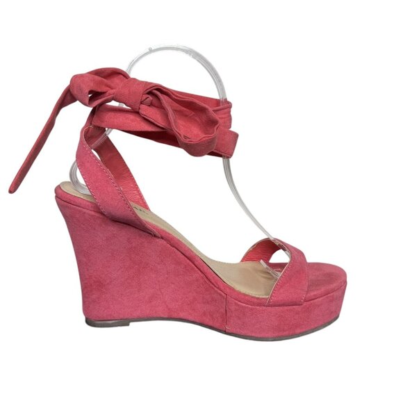 JustFab "Trina" Coral Colored Wedge Sandals, Lace-Up Tie, 4" Heel, Size 8 - Picture 3 of 10